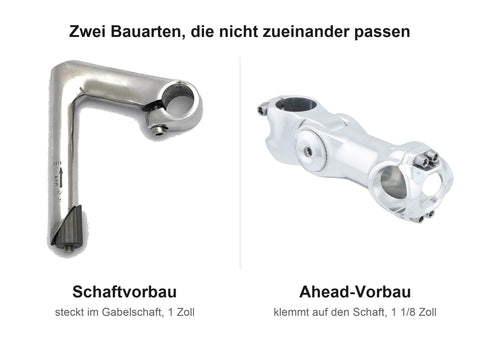 Ein Schaftvorbau und ein Ahead-Vorbau nebeneinander, beschriftet mit ihrer Bauart und der zugehörigen Schaftgröße
