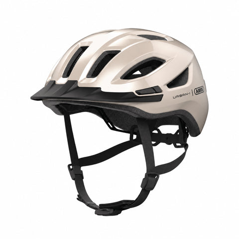 Helm ABUS Urban-I 4.0 champagne gold, schräg von vorn mit Schirm