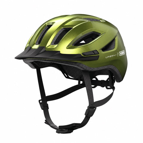 Helm ABUS Urban-I 4.0 pepper green, schräg von vorn mit Schirm