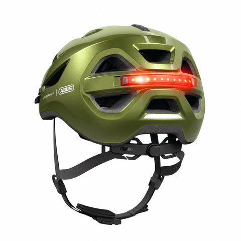 Helm ABUS Urban-I 4.0 pepper green, schräg von hinten mit LED-Rücklicht