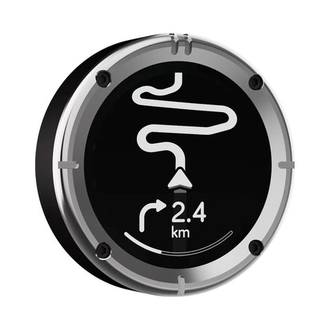 BEELINE Moto II Classic mit Aluminiumgehäuse und polierter Edelstahlblende, schräg von vorn mit Navigationsanzeige