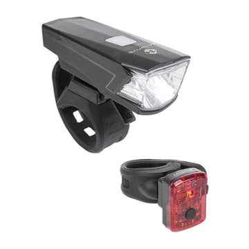 Akku-Beleuchtungsset M-WAVE ATLAS K 15 USB, Frontlicht und Ruecklicht, schwarz