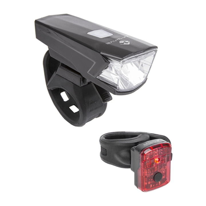 Akku-Beleuchtungsset M-WAVE ATLAS K 15 USB, Frontlicht und Ruecklicht, schwarz
