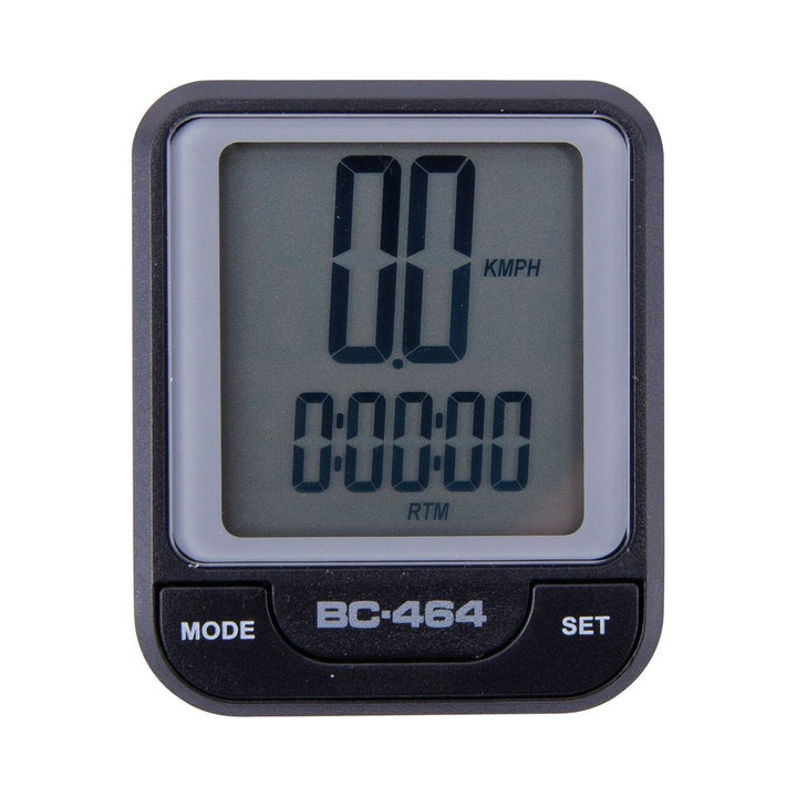 Fahrradcomputer CONTEC CBC-464 von vorn, LCD mit Geschwindigkeits- und Zeitanzeige, darunter die Tasten MODE und SET