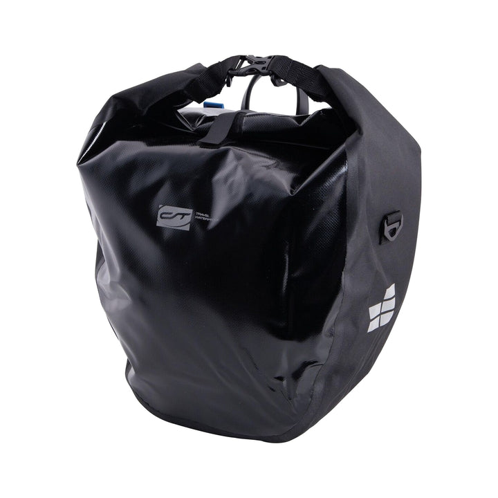 CONTEC Einzeltasche Travel Waterproof in Schwarz, Vorderansicht mit geschlossenem Rollverschluss und Tragegriff