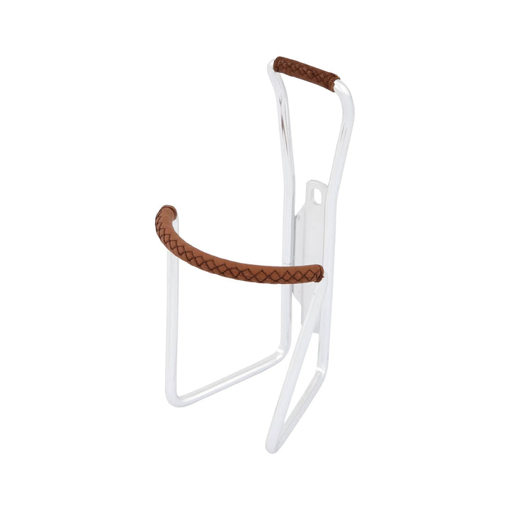 Fahrrad-Flaschenhalter CONTEC Retro Classic aus poliertem Aluminium mit braunem Lederband