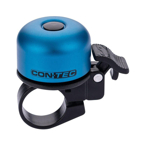 Miniglocke CONTEC Bing in mattem Blau, Aluminium, 37 mm Durchmesser, mit schwarzer Klemmschelle