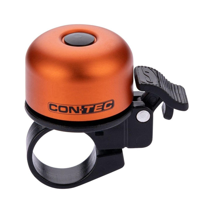 Miniglocke CONTEC Bing in mattem Orange, Aluminium, 37 mm Durchmesser, mit schwarzer Klemmschelle