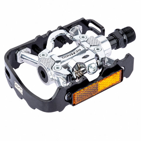 CONTEC Sprint SPD-Kombipedal in Schwarz und Silber, schräge Ansicht mit Reflektor und Pedalgewinde