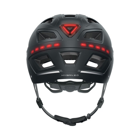 Fahrradhelm ABUS Hyban 2.0 LED, signal black matt, Rückansicht mit LED