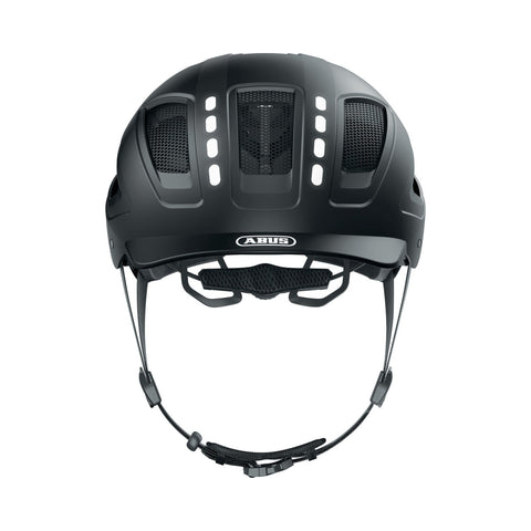 Fahrradhelm ABUS Hyban 2.0 LED, signal black matt, Frontansicht