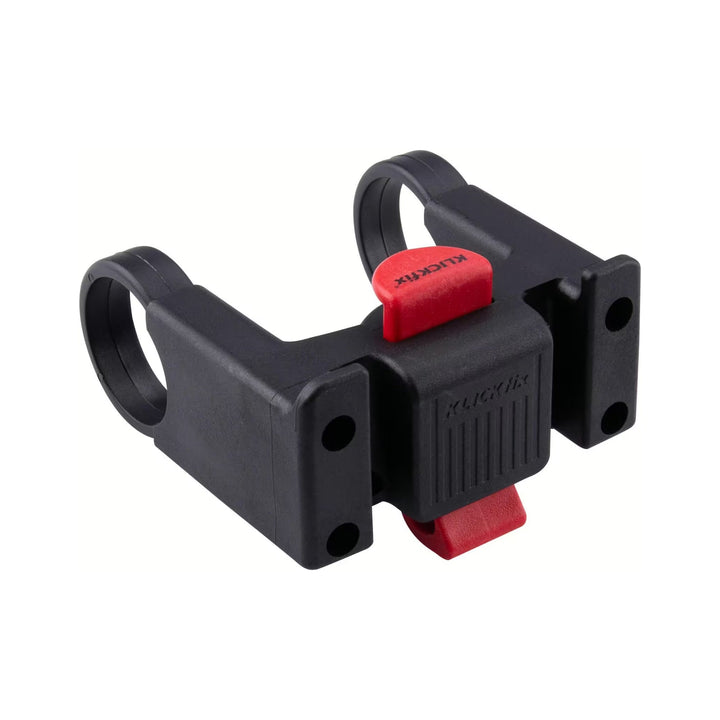 KLICKfix Lenkeradapter von Rixen & Kaul in Schwarz mit roter Entriegelungstaste und Schellen für Lenker mit 22 bis 26 mm Durchmesser