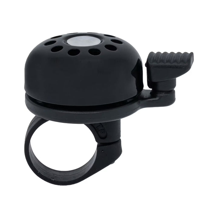 Miniglocke Mounty Charly aus Aluminium in Mattschwarz mit gelochtem Glockendeckel, Oversize-Klemmung 25,4 mm