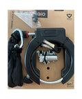 Rahmenschloss-Set QIO Frame Lock R, Originalverpackung mit ABUS Rahmenschloss, Einsteckkette, Akkuschloss-Zylinder und Schlüsseln, Foto aus unserer Berliner Werkstatt