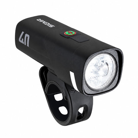SIGMA AURA 40 Akku-Frontlicht in Schwarz mit Silikonhalterung, Ansicht von vorn rechts