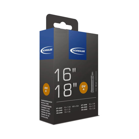 Fahrradschlauch Schwalbe Nr. 4, 16 und 18 Zoll, Dunlopventil 32 mm, Verpackung