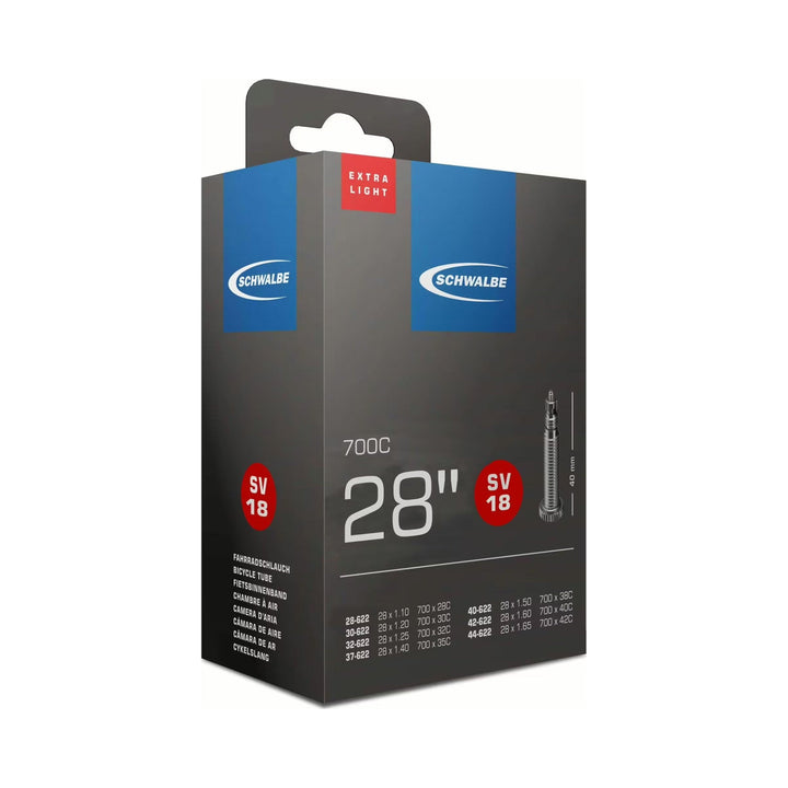 Fahrradschlauch Schwalbe Nr. 18 Extralight, 28 Zoll, Sclaverandventil 40 mm, Verpackung