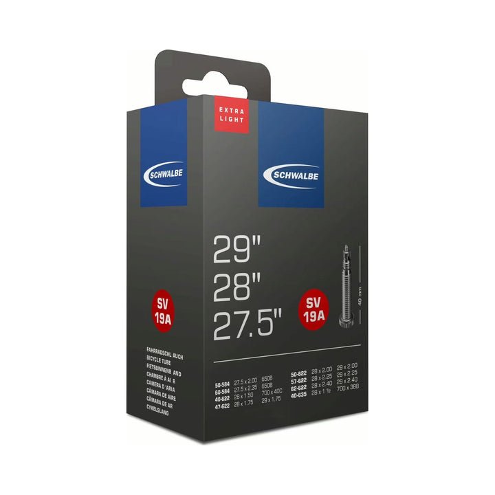 Fahrradschlauch Schwalbe Nr. 19A Extralight, 27,5 bis 29 Zoll, Sclaverandventil 40 mm, Verpackung