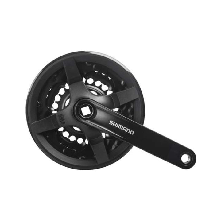 Schwarze Dreifach-Kurbelgarnitur Shimano Tourney FC-TY301 mit 24/34/42 Zähnen und Kettenschutzring