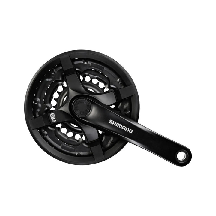 Schwarze Dreifach-Kurbelgarnitur Shimano Tourney FC-TY501 mit 24/34/42 Zähnen und Kettenschutzring