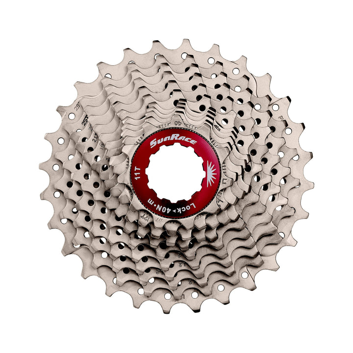 Kassette SunRace CSRX1 mit elf Ritzeln und rotem Aluminium-Spider